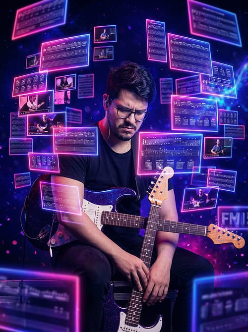 Guitarrista sobrecarregado com excesso de informação musical
