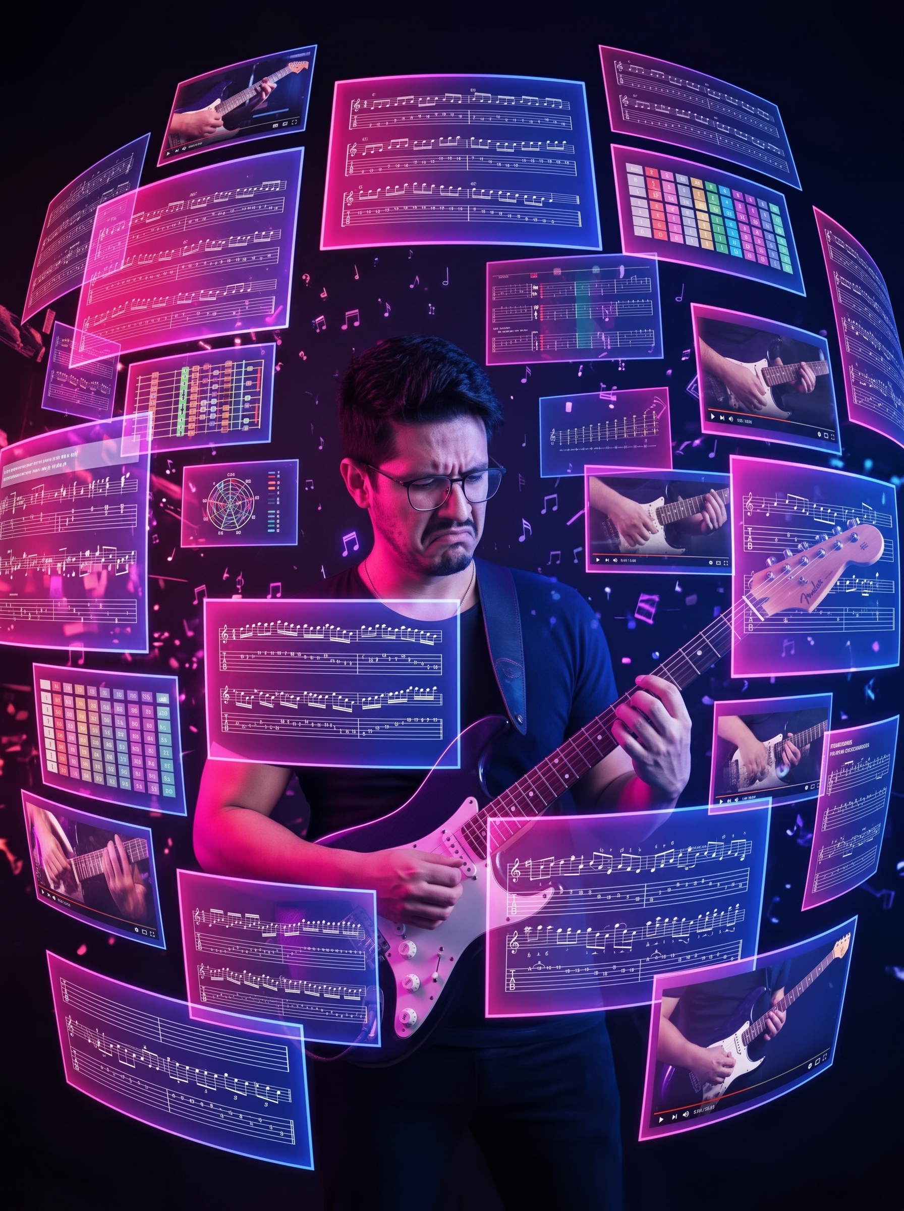 Guitarrista franzindo a testa enquanto toca, envolto por uma esfera completa de painéis holográficos com tablaturas, escalas coloridas, partituras e vídeoaulas flutuando ao seu redor.