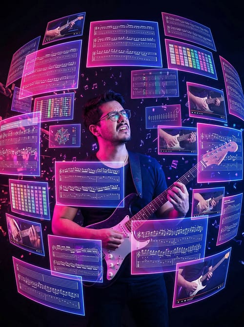 Guitarrista tocando e cantando de olhos fechados, cercado por uma esfera de painéis holográficos com tablaturas, escalas e vídeoaulas flutuando ao seu redor.