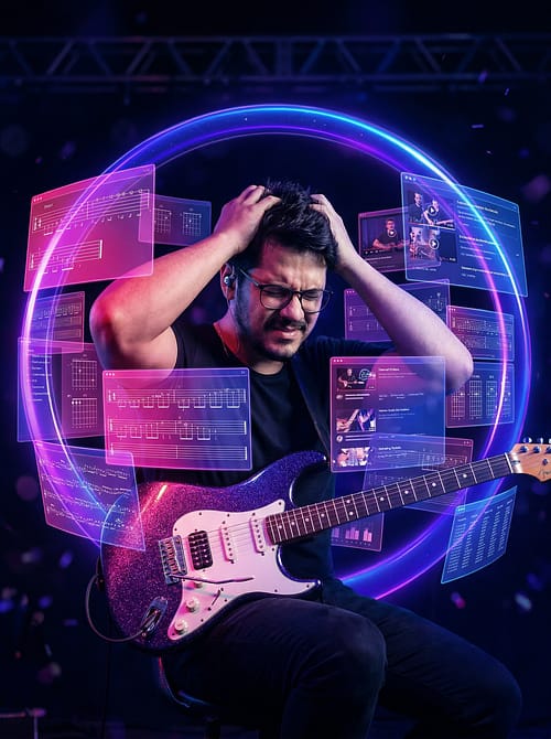 Guitarrista sentado com as mãos na cabeça, frustrado, dentro de um anel de luz neon cercado por painéis holográficos de tablaturas e vídeos.