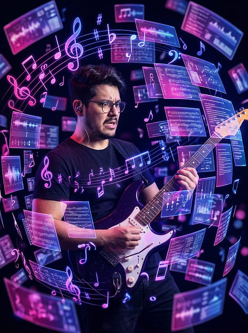 Guitarrista tocando com intensidade enquanto notas musicais, claves de sol e partituras luminosas fluem ao seu redor, sugerindo música em movimento.