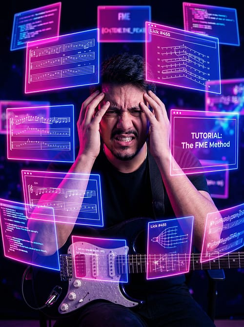 Guitarrista com as mãos na cabeça cercado por painéis holográficos de tablaturas e telas com os dizeres “FME” e “TUTORIAL: The FME Method”.