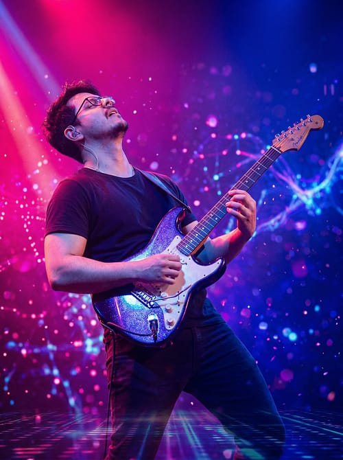 Guitarrista tocando de forma expressiva no palco, iluminado por feixes de luz azul e rosa, sem painéis ao redor.