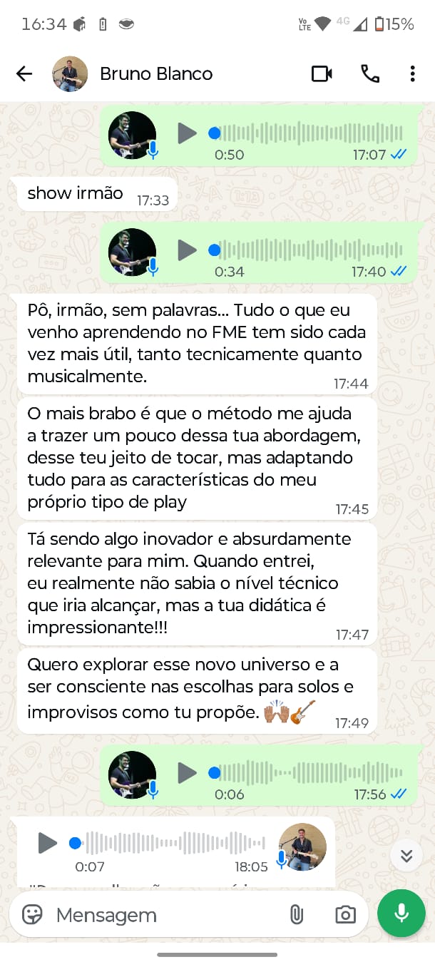 Print de conversa no WhatsApp: o aluno Bruno Blanco diz que tudo o que vem aprendendo no FME "tem sido cada vez mais útil, tanto tecnicamente quanto musicalmente" e elogia a didática