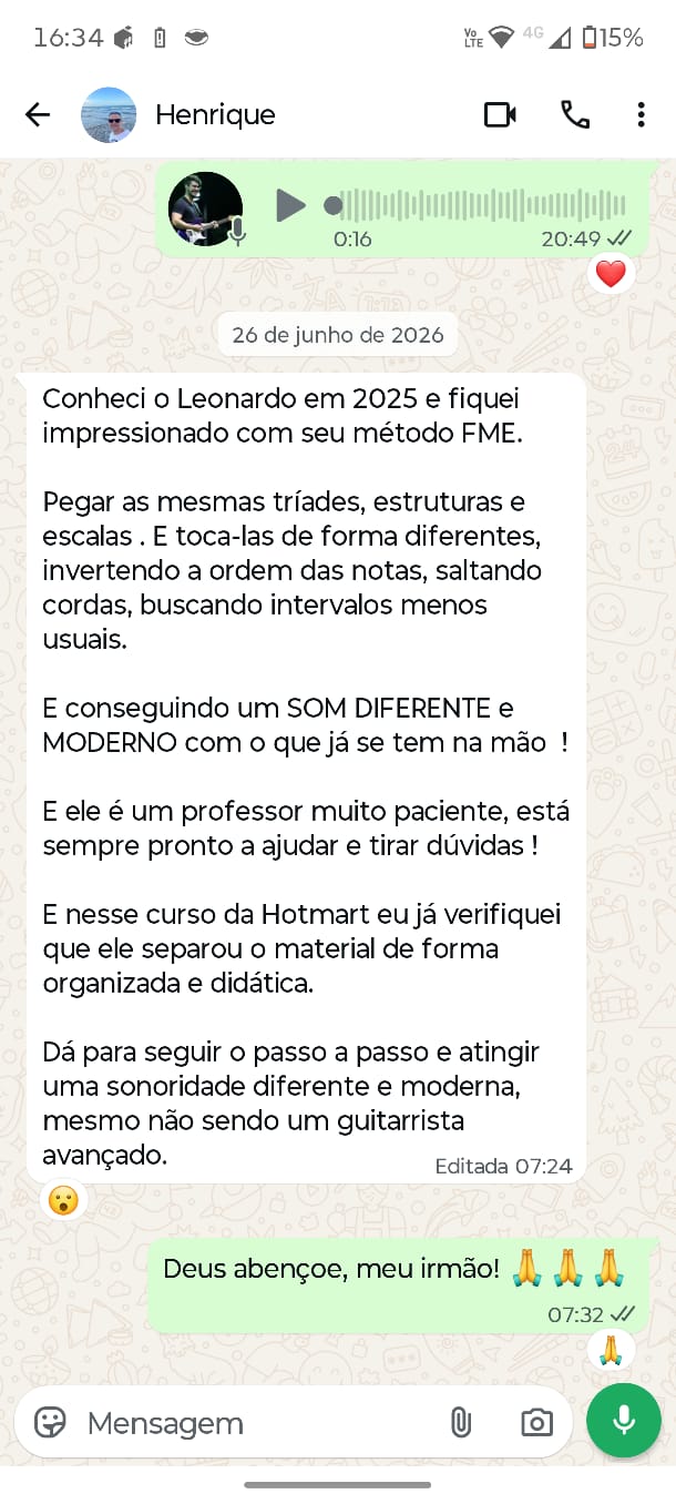 Print de conversa no WhatsApp: o aluno Henrique relata ter alcançado "um som diferente e moderno" com o método FME, usando as mesmas escalas e tríades que já tinha
