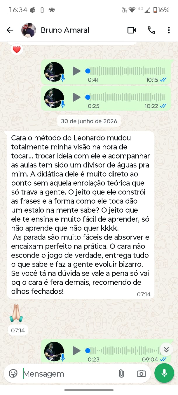 Print de conversa no WhatsApp: o aluno Bruno Amaral diz que o método do Leonardo "mudou totalmente" sua visão na hora de tocar e recomenda o curso "de olhos fechados"