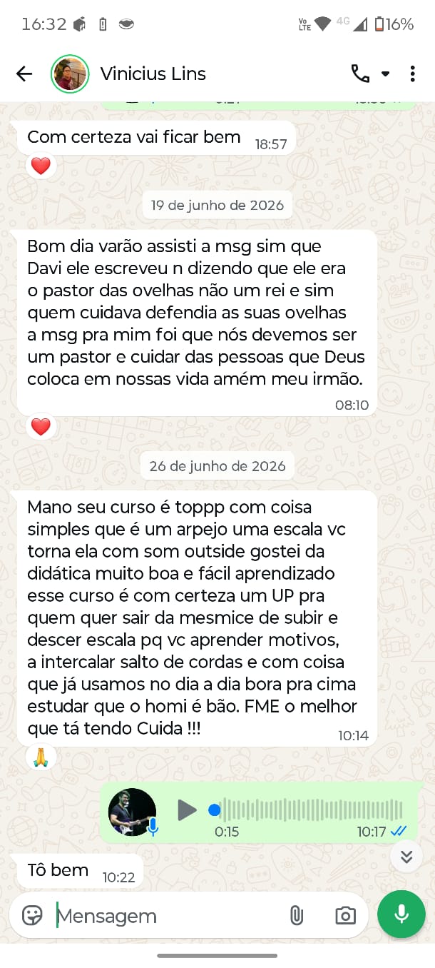 Print de conversa no WhatsApp: o aluno Vinicius Lins diz que o curso "é toppp" e chama o FME de "o melhor que tá tendo"