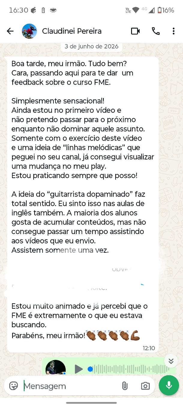 Print de conversa no WhatsApp: o aluno Claudinei Pereira relata mudança no seu playing já no primeiro vídeo do curso